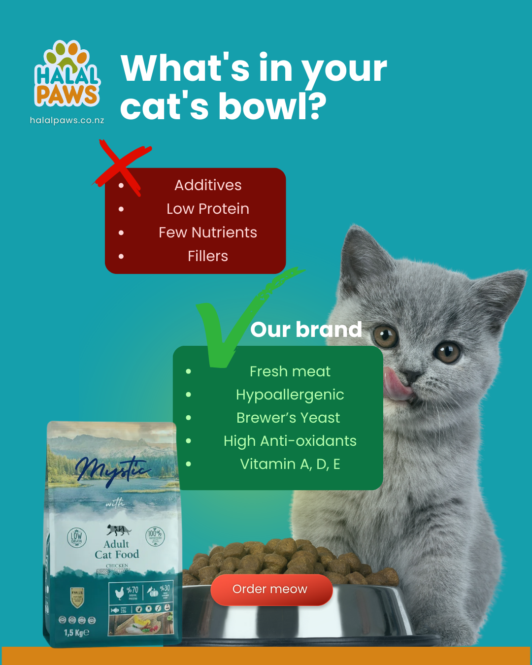 What's in Your Cat's Bowl: Supermarket Brand vs Mystic Adult Cat Food