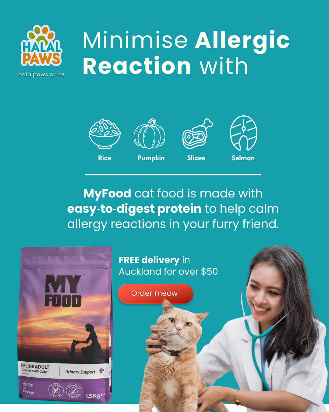 happy cat sitting next to halal paws hypoallergenic pet food